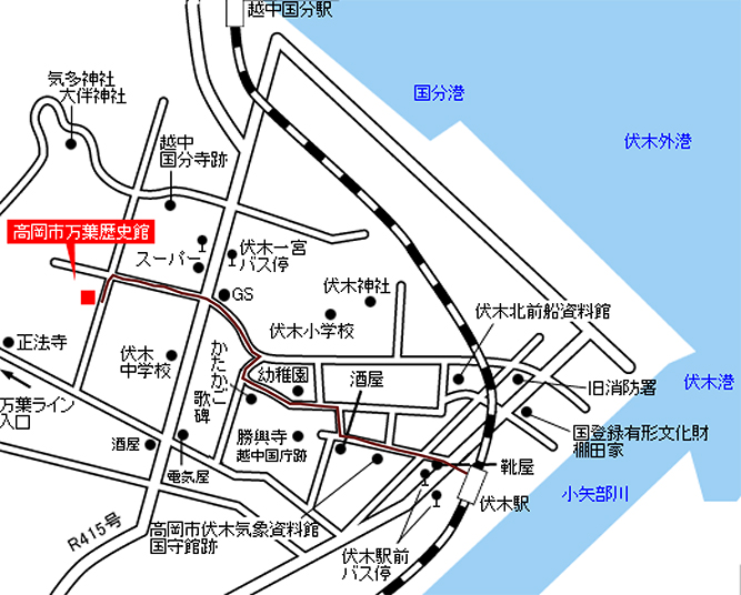 伏木駅から高岡市歴史館への道案内地図